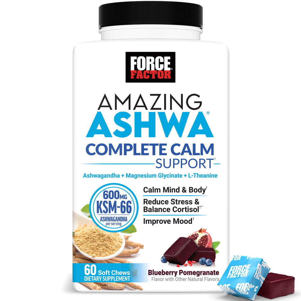 Force Factor envase frontal mostrando gominolas y sabor blueberry pomegranate, conveniencia inmediata