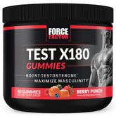 Force Factor envase frontal de Test X180 Gummies mostrando diseño y beneficio práctico