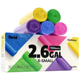 FORID paquete multicolor mostrando 5 rollos y 150 bolsas, almacenamiento práctico