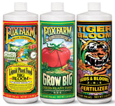 FoxFarm pack frontal mostrando las tres botellas y beneficios de nutrición