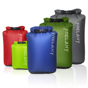 Frelaxy dry bag front view showing five colors and sizes, clear organization benefit