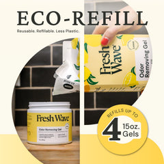 Fresh Wave gel en baño mostrando control de olores y ambiente fresco