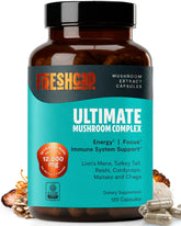 FreshCap Mushrooms front packaging showing bottle and label benefits