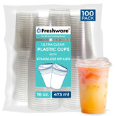 Freshware vaso frontal del pack 100 mostrando transparencia y beneficio elegante