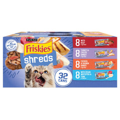 Friskies frente del empaque variedad mostrando latas y sabores, práctico stock