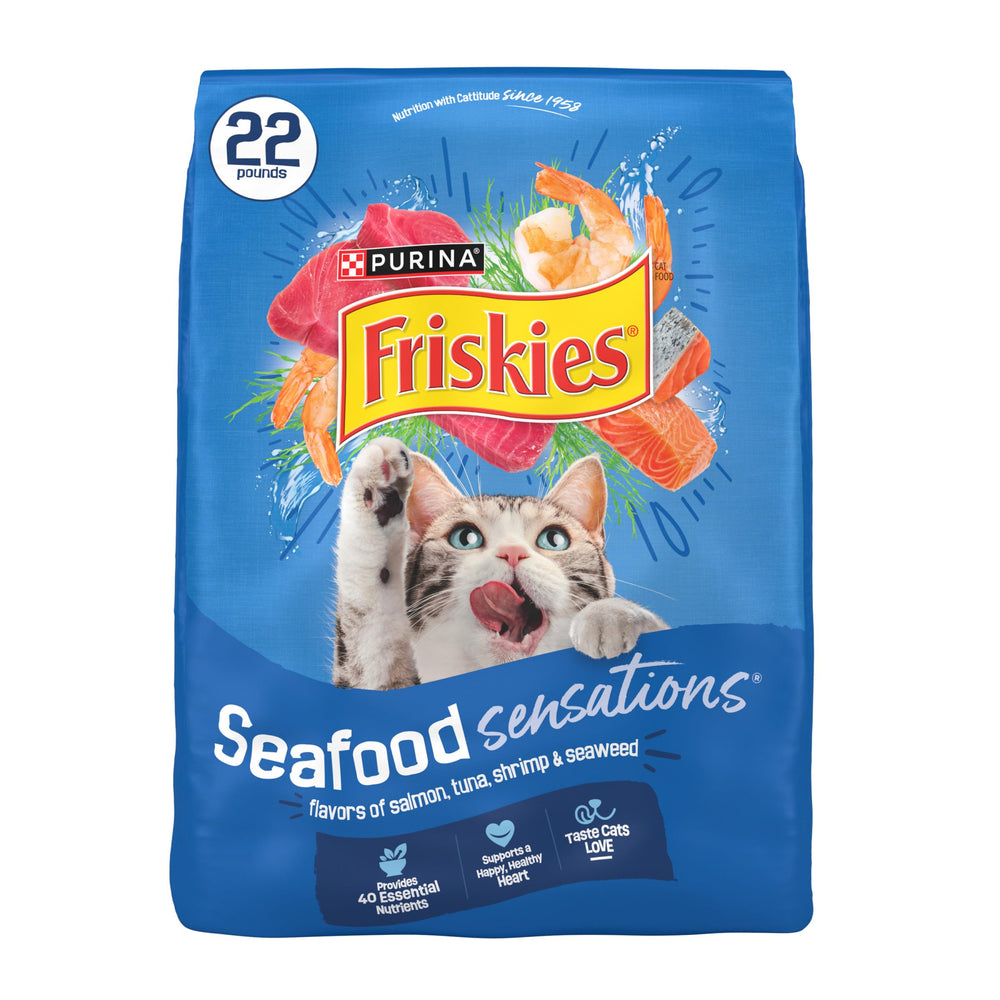 Friskies empaque frontal 22 lb mostrando sabores marinos y conveniencia