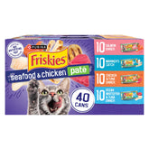 Friskies front packaging showing seafood and chicken variety and convenient bulk supply