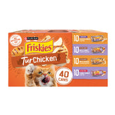 Friskies front packaging showing variety pack and cans benefit: easy meal rotation
