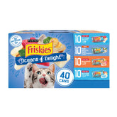 Friskies front packaging showing 40-can variety pack and seafood flavors benefit variety