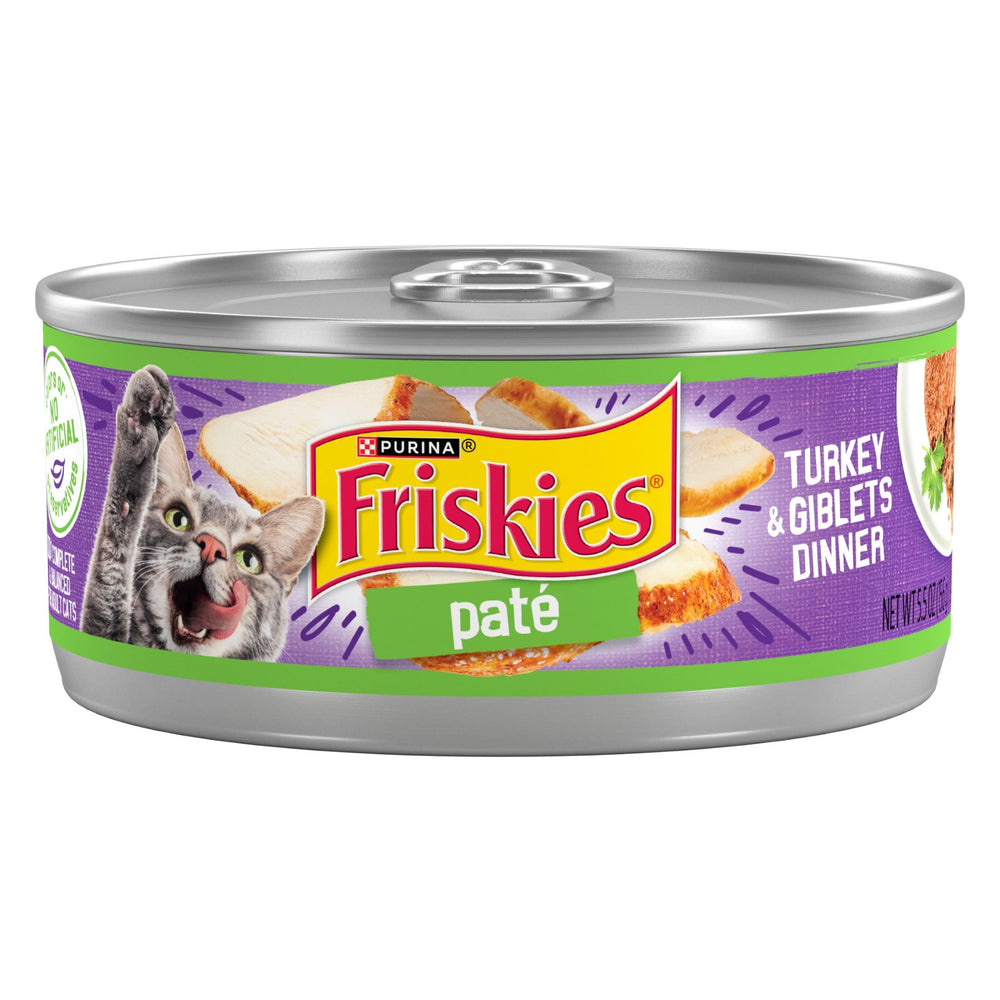Friskies lata frontal con pavo y vísceras mostrando marca y atractivo
