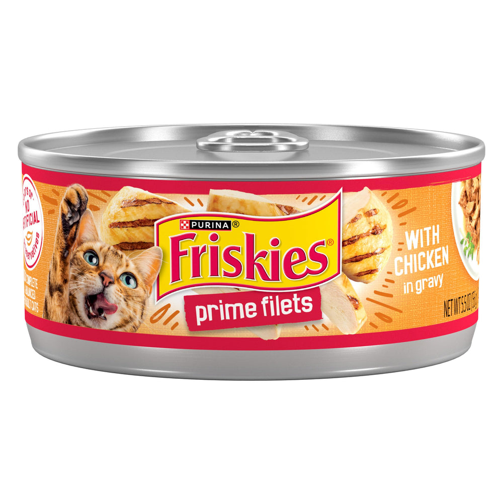 Friskies lata frontal mostrando diseño y peso, ideal para elección rápida