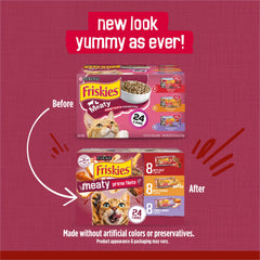 Friskies lata abierta con salsa brillante, textura atractiva para gatos
