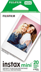 Fujifilm Instax mini paquete frontal mostrando cartuchos listos y beneficio de portabilidad