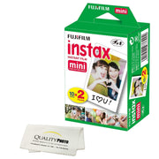 Fujifilm Instax Mini pack front showing 20 white border sheets and sticker frames for easy gifting