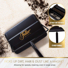 Fuller Brush open dual dust bins for fast press-and-empty disposal without hands touching debris