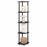Furinno front view of five-tier corner shelf showing compact vertical storage benefit