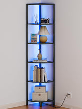 Furnulem front view of corner shelf shows sleek storage and modern style