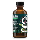 Gaia Herbs bottle front view showing organic elderberry syrup for easy dosing and storage