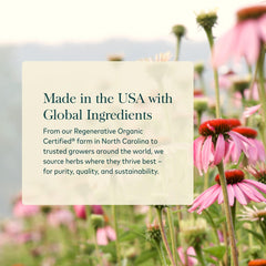 Gaia Herbs etiqueta con lista de ingredientes y pruebas de pureza