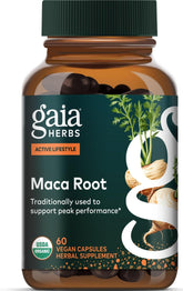 Gaia Herbs frasco frontal de Maca Root mostrando la etiqueta y beneficios