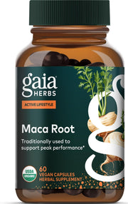 Gaia Herbs frasco frontal de Maca Root mostrando la etiqueta y beneficios