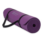 Gaiam colchoneta frontal morada mostrando tamaño y color, cómoda para yoga