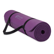 Gaiam colchoneta frontal morada mostrando tamaño y color, cómoda para yoga