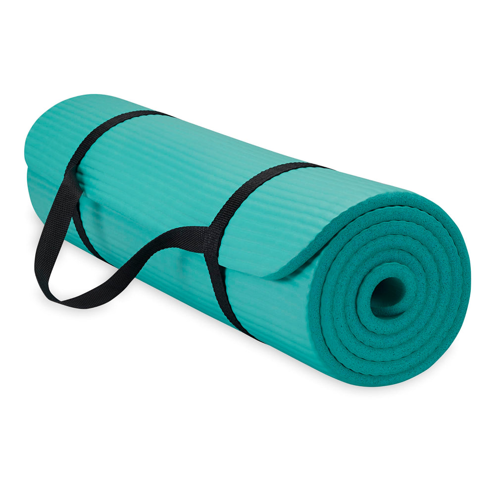 Gaiam vista frontal de la esterilla teal que muestra acolchado cómodo