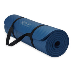 Gaiam esterilla frontal azul marino mostrando superficie y tamaño cómodo