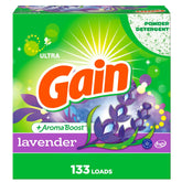 Gain detergente lavanda frente mostrando envase grande y beneficio frescura