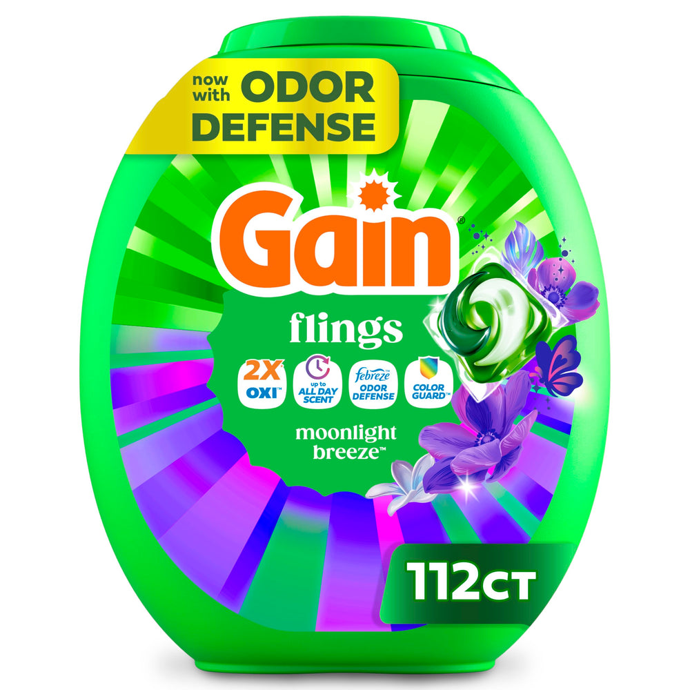 Gain Flings frente del envase mostrando cantidad 112 y conveniencia