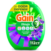 Gain Flings frente del envase mostrando cantidad 112 y conveniencia