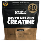 Gains in Bulk front tub showing product packaging and easy-dosing benefit