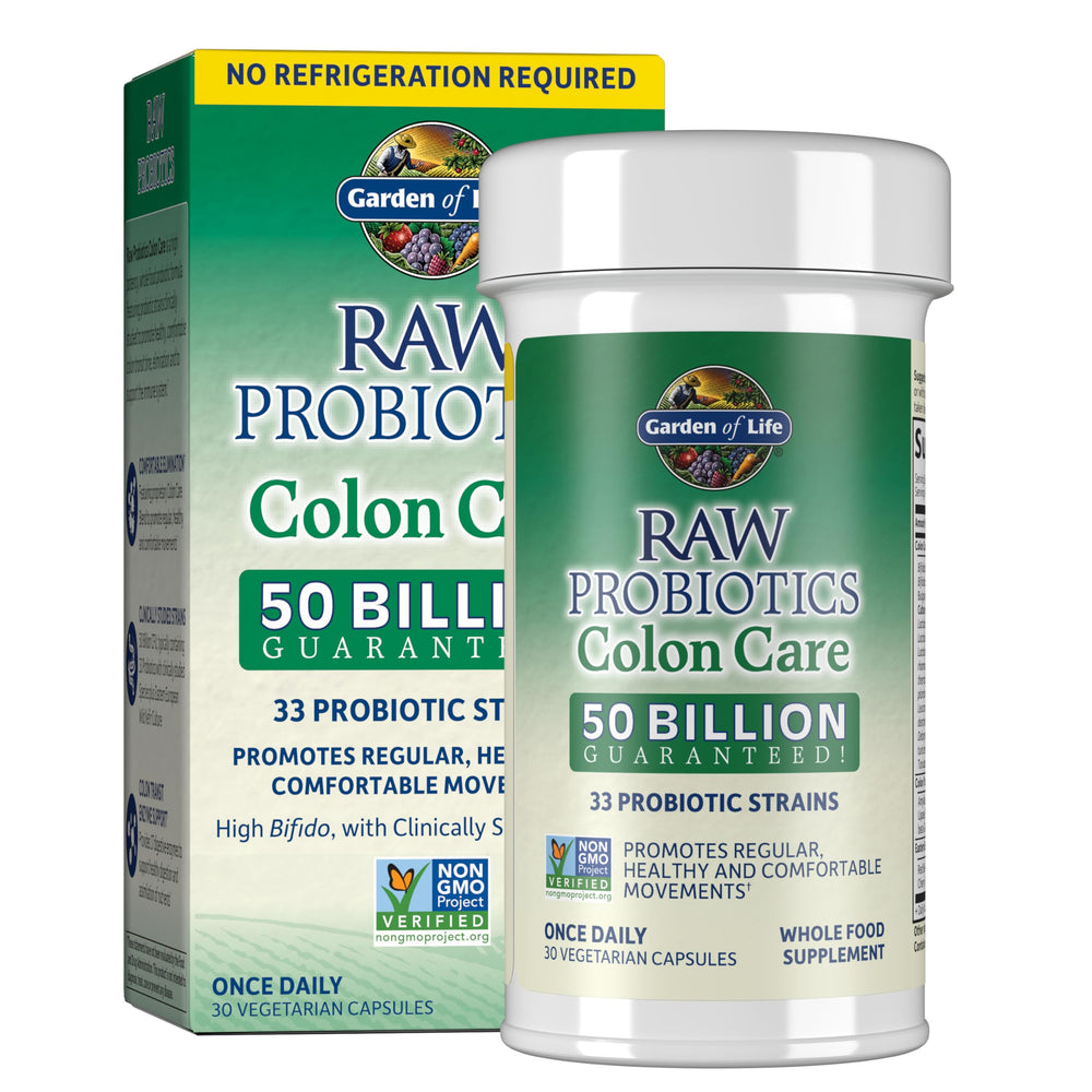 Garden of Life frasco frente mostrando marca y beneficio de colon saludable
