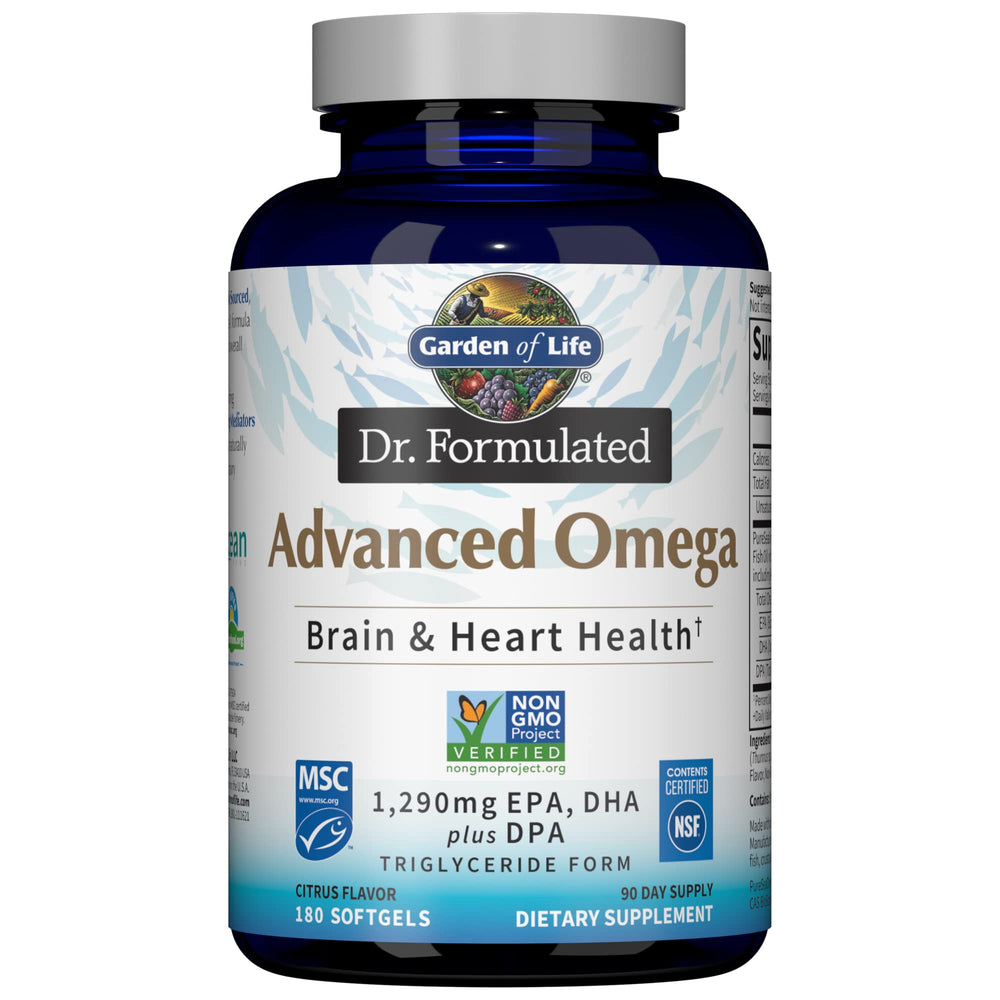 Garden of Life envase delantero de Omega Fish Oil limón mostrando la marca y beneficios