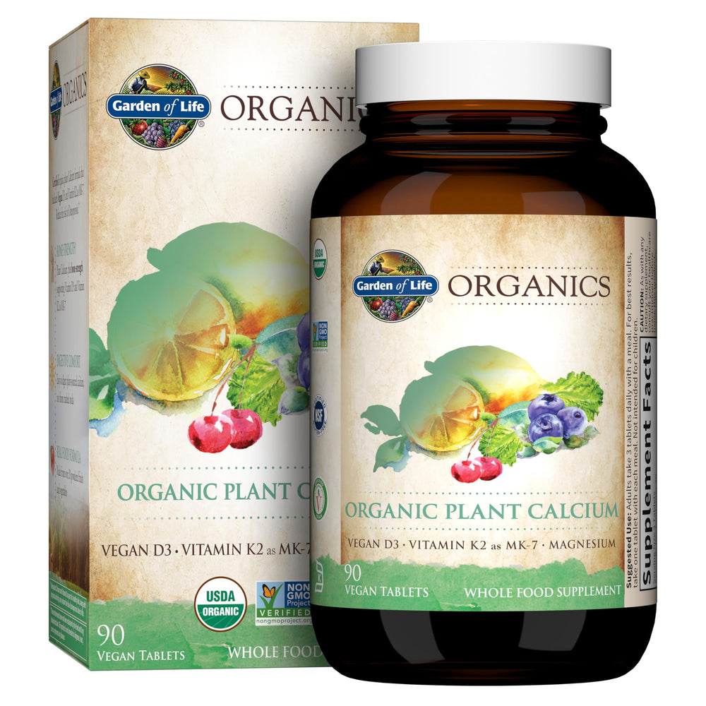 Garden of Life frasco frontal del suplemento de calcio vegetal mostrando el envase y beneficios