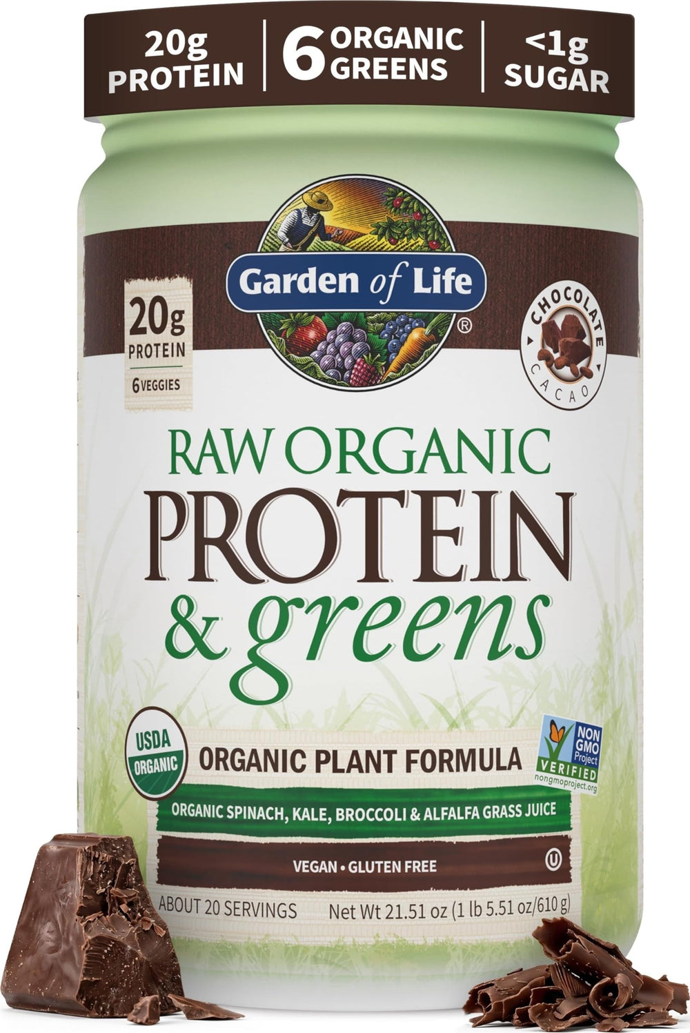 Garden of Life vista frontal del envase chocolate, aporte proteico claro