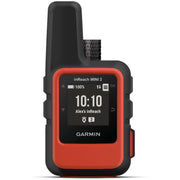 Garmin inReach Mini 2 front view in orange showing compact communicator and buttons for quick messaging