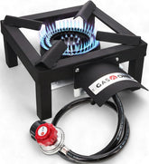 Gas One front view of burner showing stable frame and controls for safe outdoor cooking