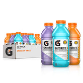 Gatorlyte paquete frontal con 12 botellas mostrando los tres sabores y conveniencia