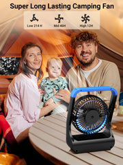 Gazeled ventilador en uso durante camping aporta frescor en exteriores