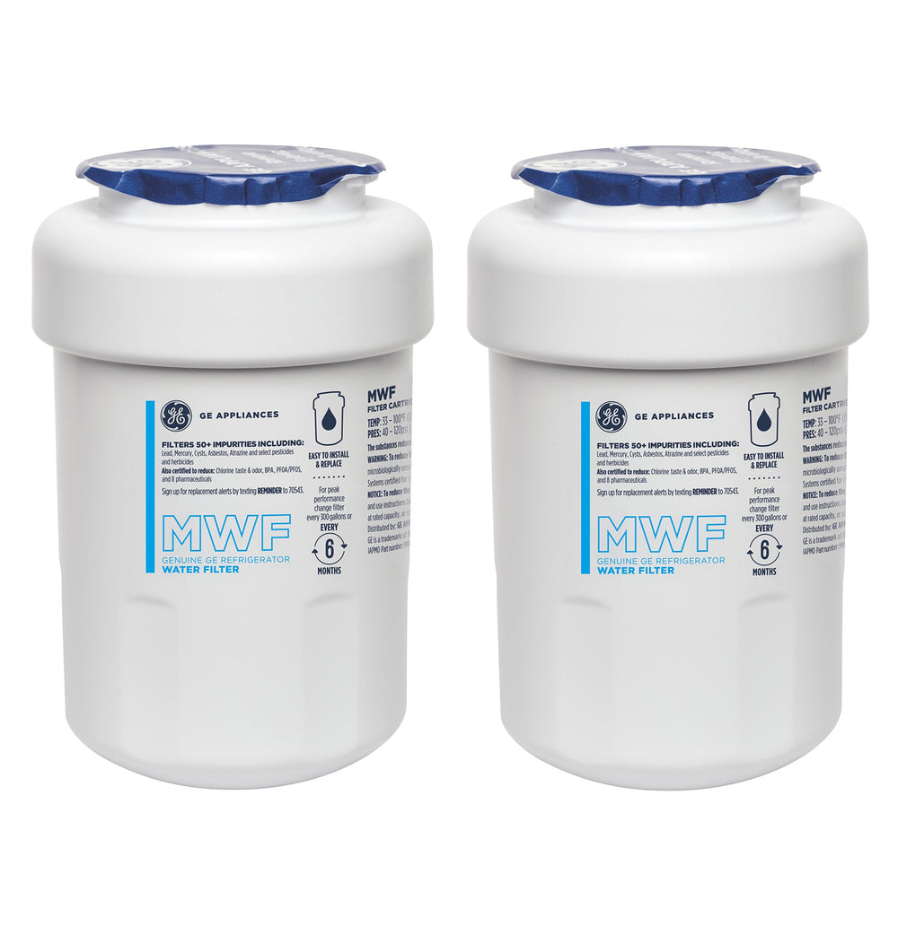 GE MWF front packaging showing filter pair and brand clarity benefit