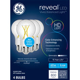GE Reveal frontal del empaque mostrando pack de 4 y beneficio eficiencia
