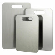 Generic stainless steel cutting boards front view showing three sizes and durable design