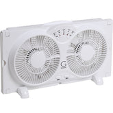 Genesis twin fan front view showing dual heads and compact profile for strong airflow