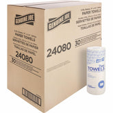 Genuine Joe front packaging showing 30-roll bulk pack and product name for easy restocking