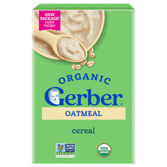 Gerber empaque frontal de avena orgánica mostrando conveniencia