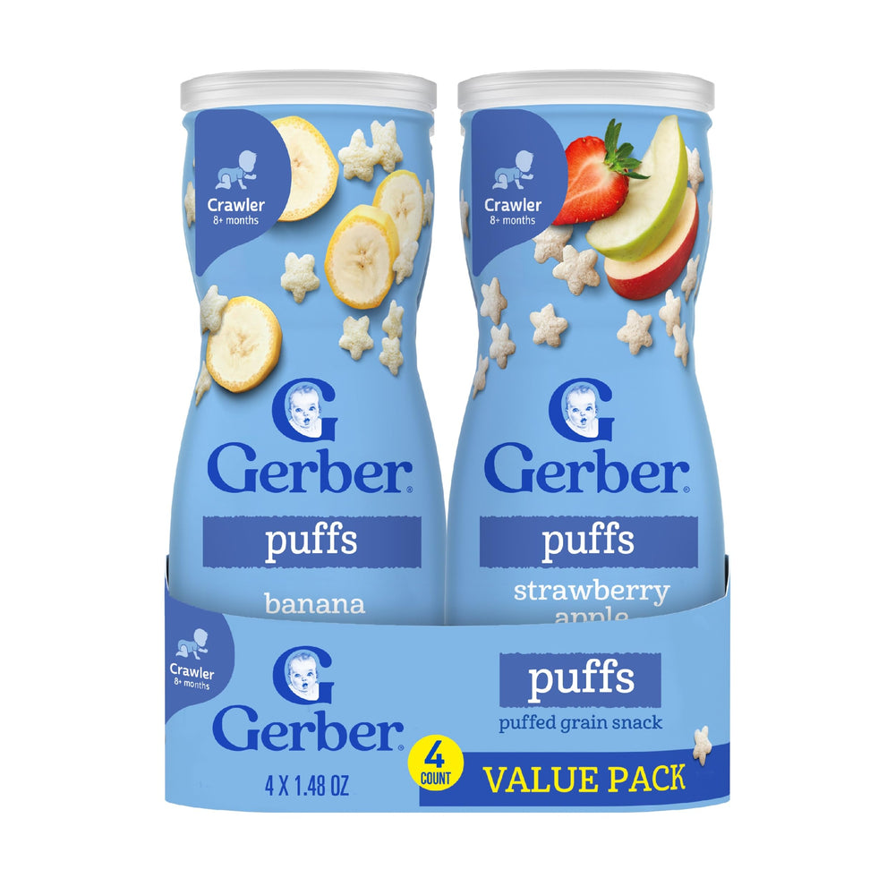 Gerber frente del empaque puffs variedad mostrando facilidad de transporte