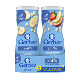 Gerber frente del empaque puffs variedad mostrando facilidad de transporte
