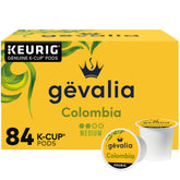 Gevalia box front showing Colombia 84-count for reliable supply
